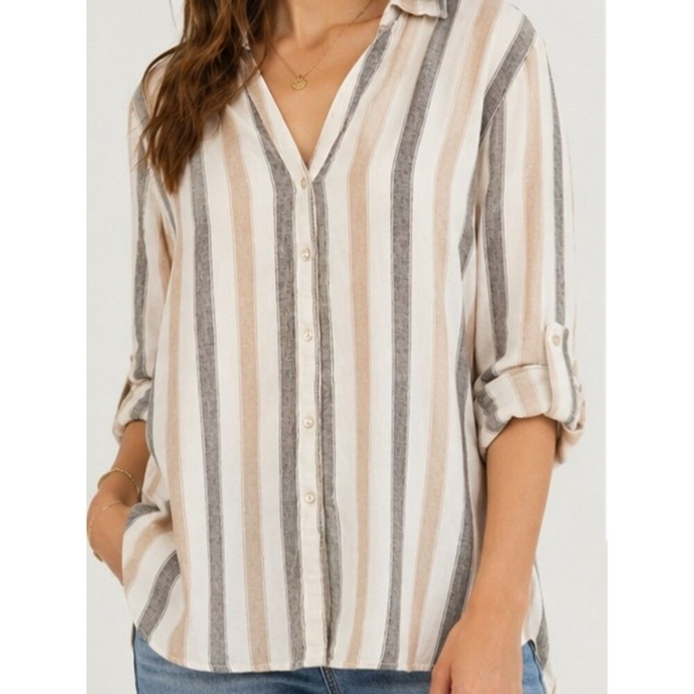 Tahari Linen Blend Striped Button Front Tunic Blouse Women's Sz L Beige Gray Tan